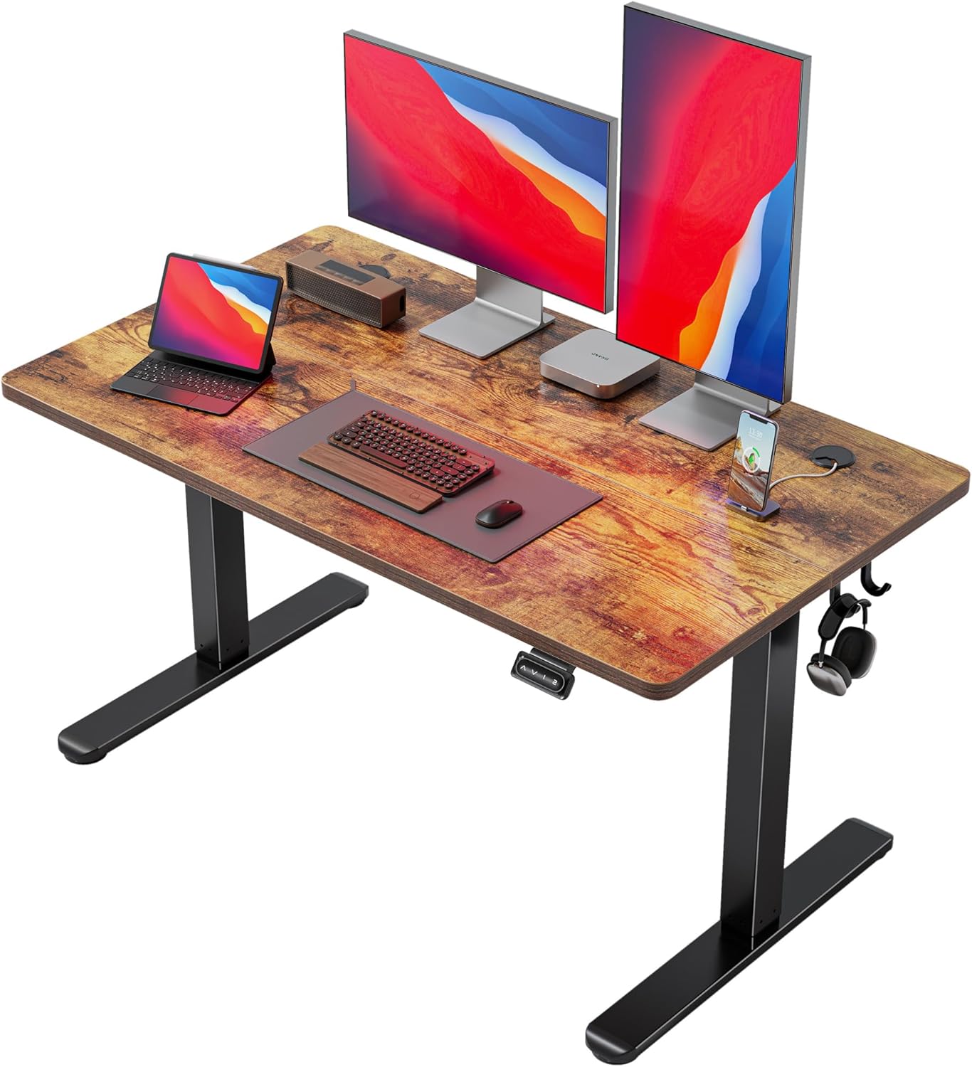 FEZIBO 40 x 24 Inchs Electric Standing Desk, Height Adjustable, Sit Stand Up, Computer Office Desk with Splice Board, White Frame/Light Rustic Top