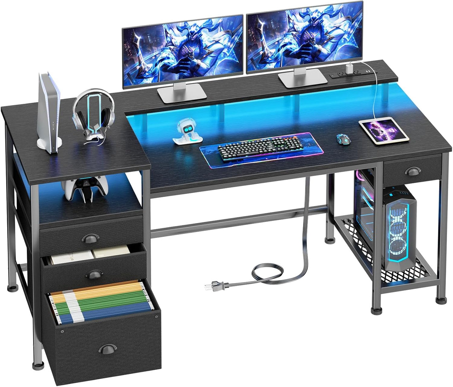 Furologee 60" Office Computer Desk with 4 Drawers,Gaming Desk with LED Lights and Power Outlets,Long Desk with Fabric File Cabinet,Study Work Table with Shelf for Bedroom Home Office,Rustic Brown