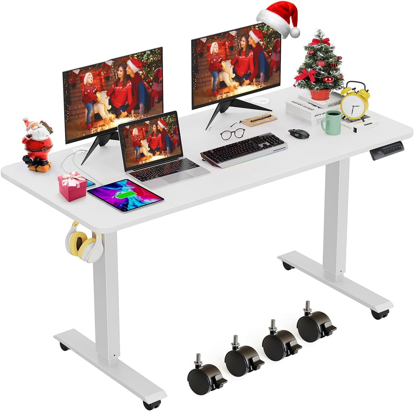 farexon Electric Standing Desk Adjustable Height, 63x24 Inches Computer Desk with Rolling Wheels, Mouse Pad,Spliced Table Tops,Multifunctional Stand up Desk for Home/Office(Oak Gray)