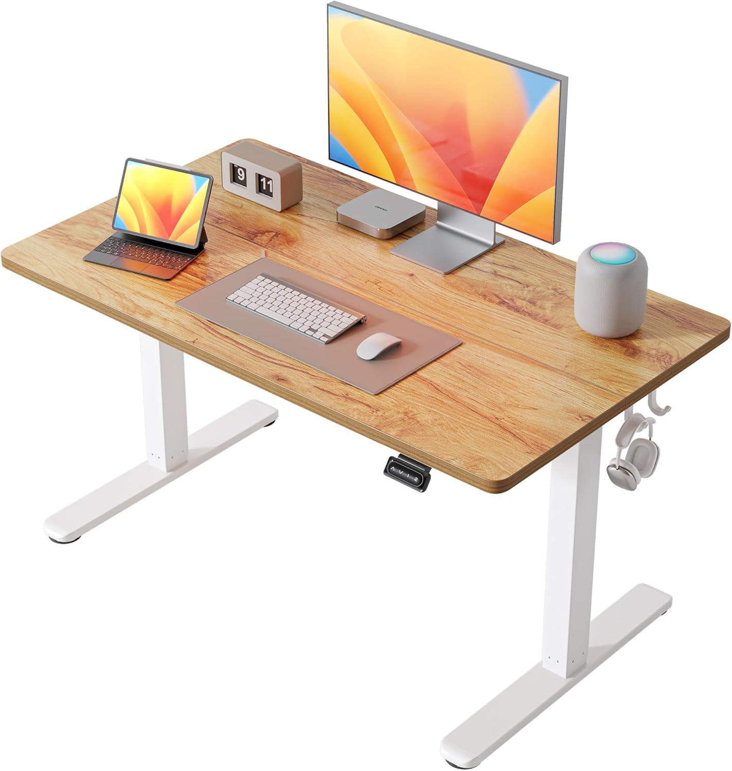 FEZIBO 40 x 24 Inchs Electric Standing Desk, Height Adjustable, Sit Stand Up, Computer Office Desk with Splice Board, White Frame/Light Rustic Top