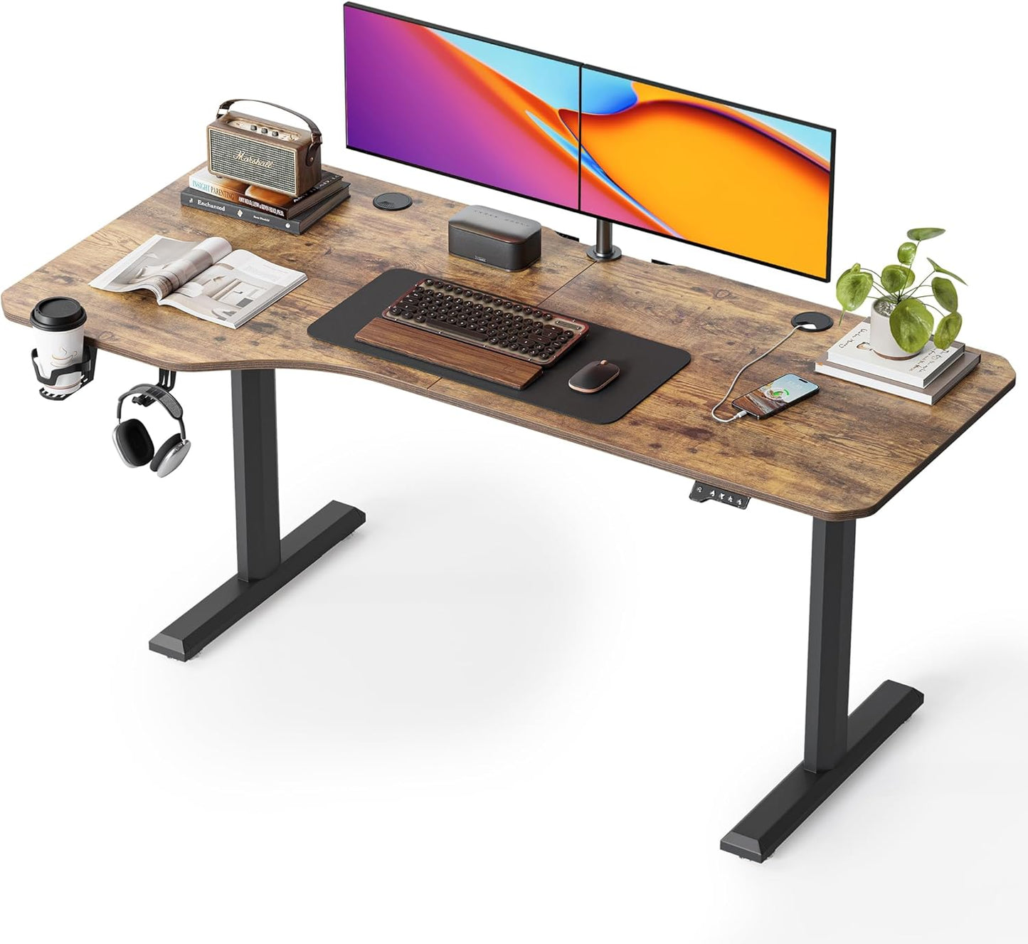 FEZIBO Height Adjustable Electric Standing Desk, 55 x 24 Inches Stand up Table, Sit Stand Home Office Desk with Splice Board, White