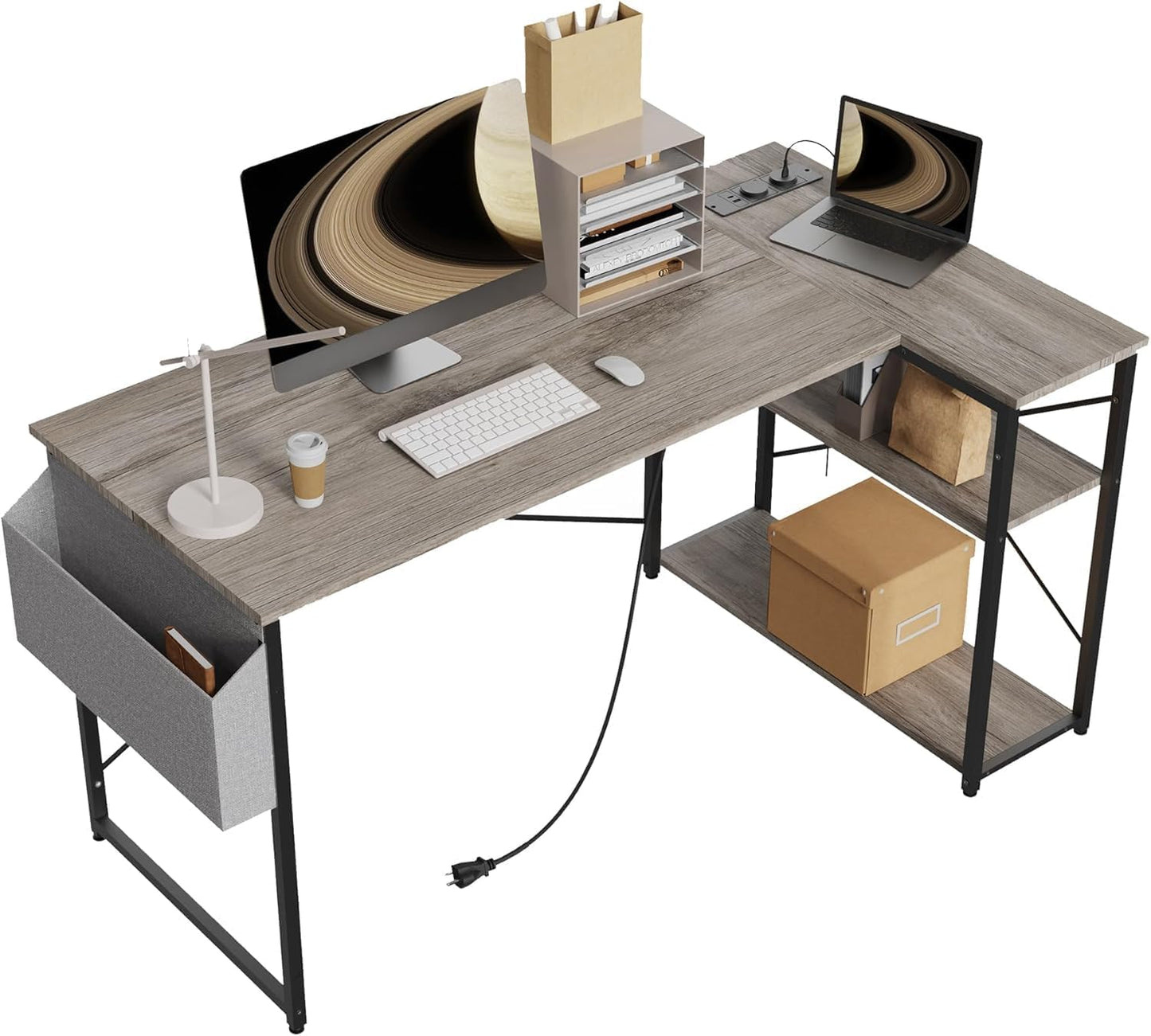 TIQLAB Small Computer Desk with Power Outlets, 40 Inch L Shaped Desk with Reversible Shelves, Gaming Desk Corner Desk Study Writing Table for Home Office Bedroom Living Room, Black