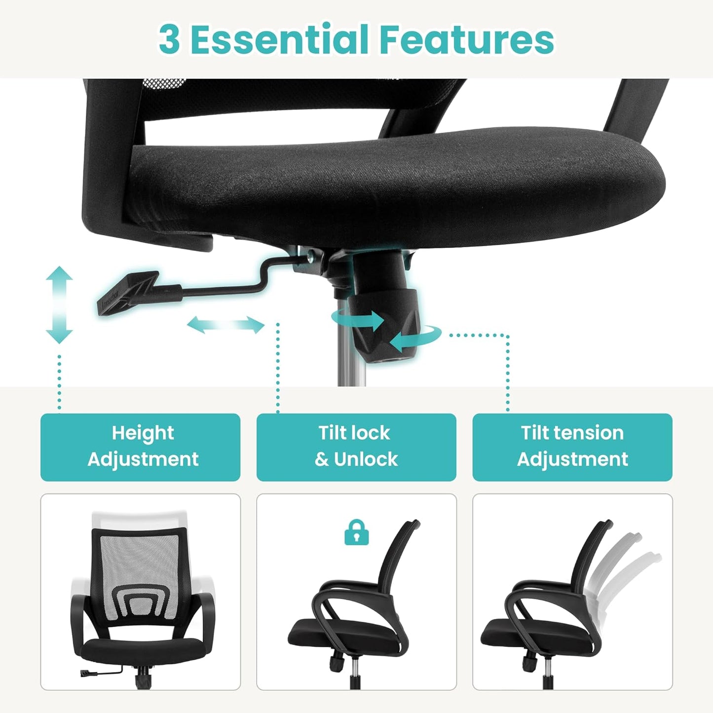 Office Chair with Ergonomic Mid Back Cushion Lumbar Support Adjustable Swivel Rolling Computer Gaming Desk Chair Comfy Mesh Seat Wheels Home Executive Use (1, All Black)