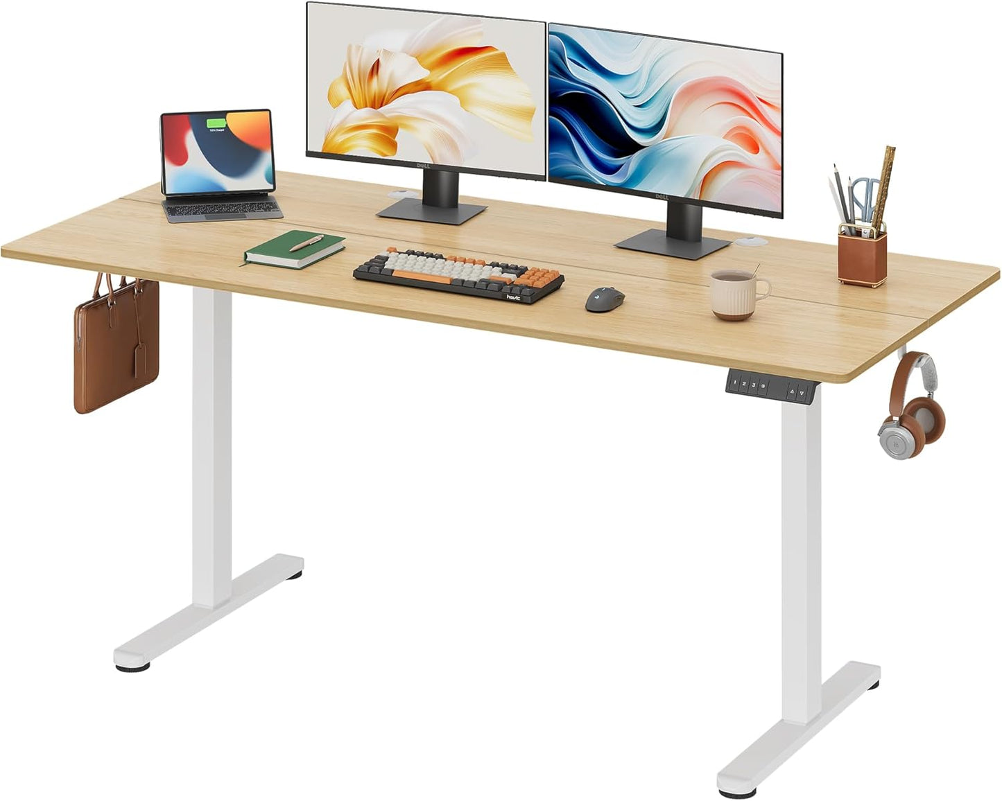 DEVAISE Electric Standing Desk, 63 X 28 Inches Adjustable Height Stand up Desk for Home Office, Large Ergonomic Sit to Stand Desk with Headphone Hook, 3 Memory Preset Computer Desk, Maple