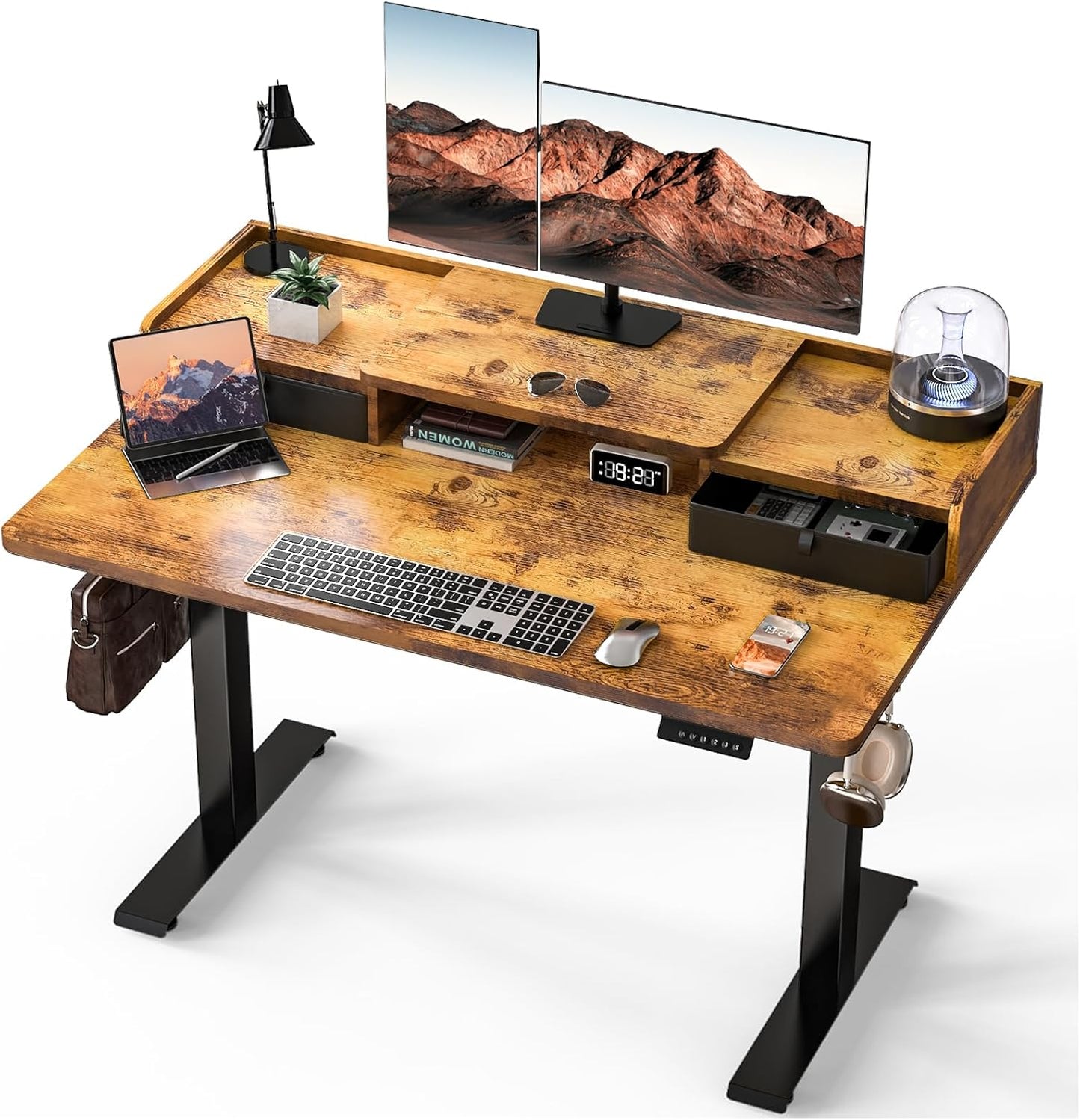 Electric Standing Desk with 2 Drawers 35''x 20'' Small Adjustable Height Sit to Stand Up Desk with Storage Shelf, C-Clamp Mount Compatible White Home Office Desks Computer Desk Ergonomic Workstation