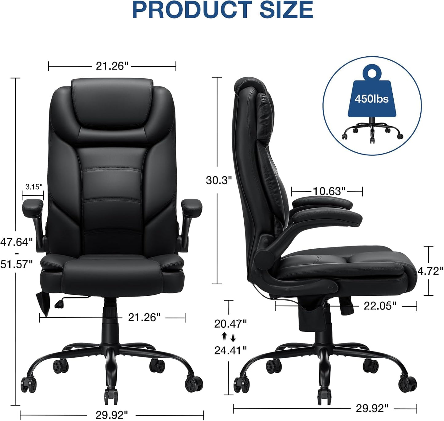 Executive Office Chair Big and Tall 450lbs Heavy Duty Office Chair with Adjustable Lumbar Support High Back Ergonomic Home Computer Leather Chair with Padded Flip-up Arms for Heavy People,Black