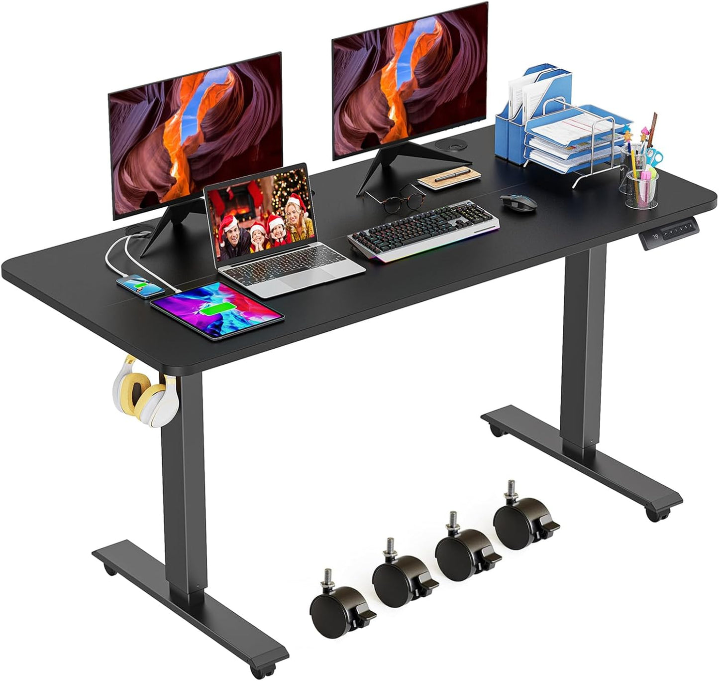 farexon Electric Standing Desk Adjustable Height, 63x24 Inches Computer Desk with Rolling Wheels, Mouse Pad,Spliced Table Tops,Multifunctional Stand up Desk for Home/Office(Oak Gray)