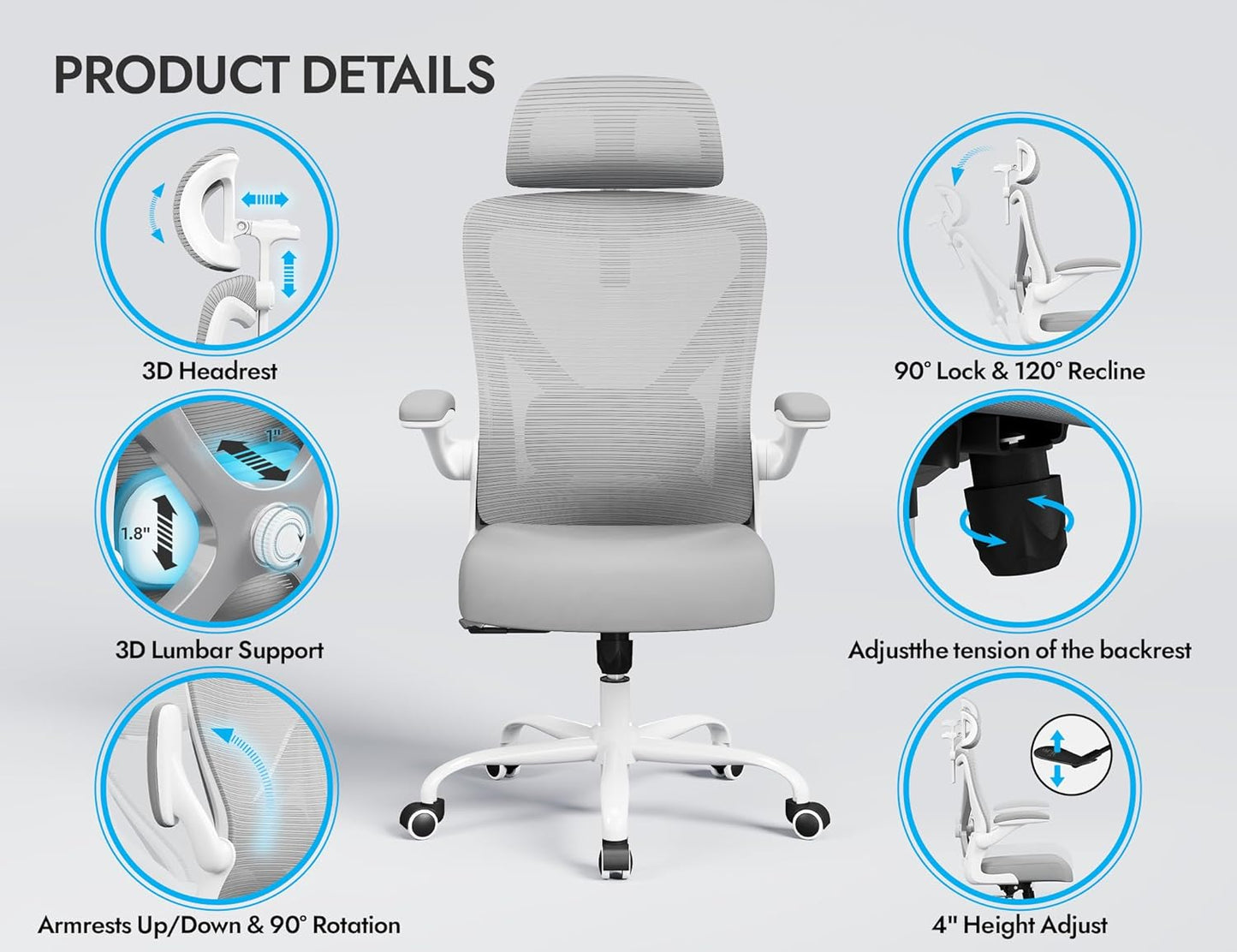 Ergonomic Office Chair - Computer Desk Chairs Comfy, Mesh High-Back Gaming Chair with Adjustable Lumbar Support, Executive Task Chair for Adults, Comfortable for Long Hours (Grey Silver)