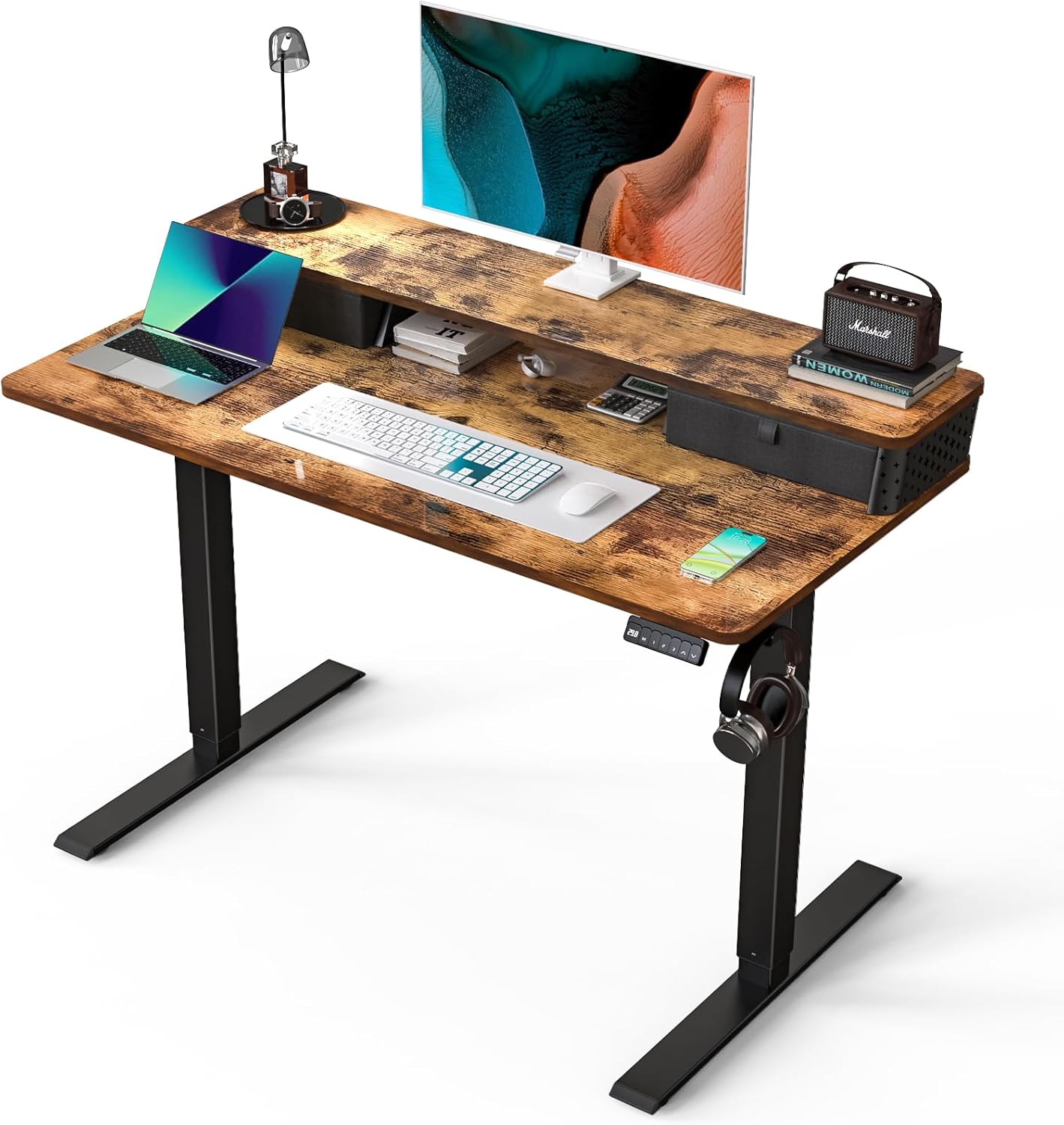 Electric Standing Desk with 2 Drawers 35''x 20'' Small Adjustable Height Sit to Stand Up Desk with Storage Shelf, C-Clamp Mount Compatible White Home Office Desks Computer Desk Ergonomic Workstation