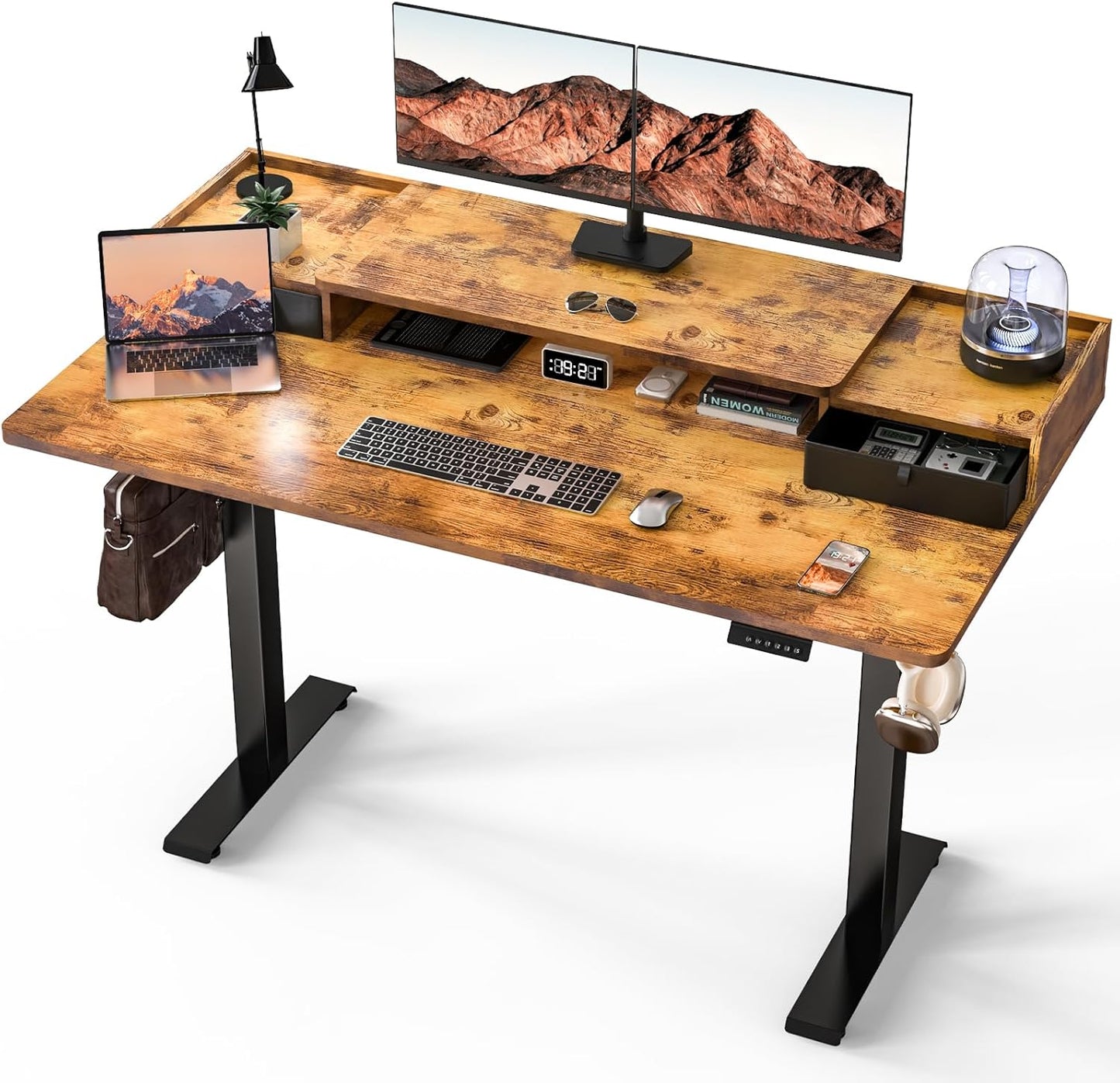 Electric Standing Desk with 2 Drawers 35''x 20'' Small Adjustable Height Sit to Stand Up Desk with Storage Shelf, C-Clamp Mount Compatible White Home Office Desks Computer Desk Ergonomic Workstation