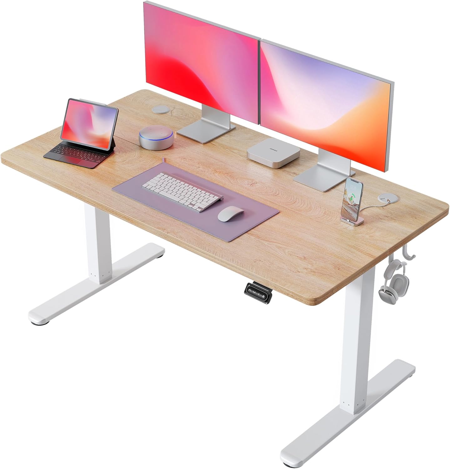FEZIBO 40 x 24 Inchs Electric Standing Desk, Height Adjustable, Sit Stand Up, Computer Office Desk with Splice Board, White Frame/Light Rustic Top