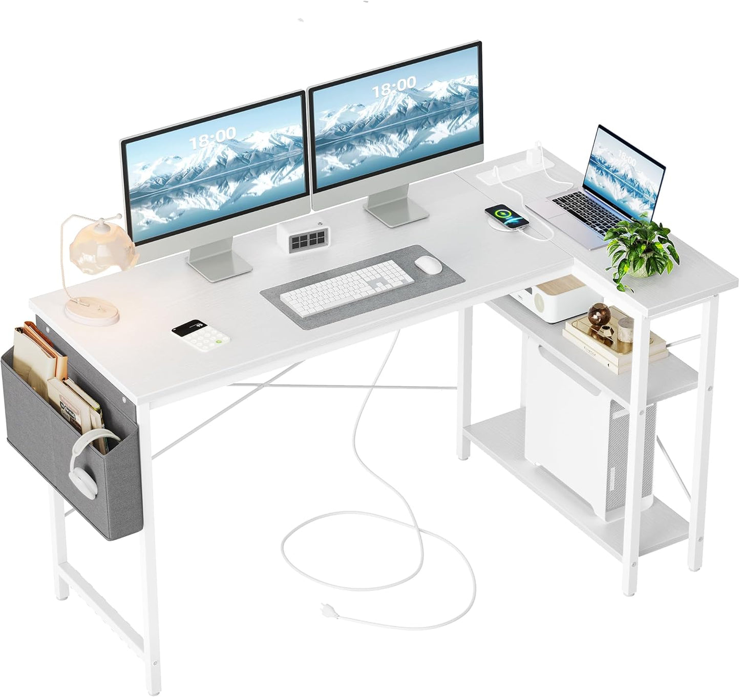 TIQLAB Small Computer Desk with Power Outlets, 40 Inch L Shaped Desk with Reversible Shelves, Gaming Desk Corner Desk Study Writing Table for Home Office Bedroom Living Room, Black