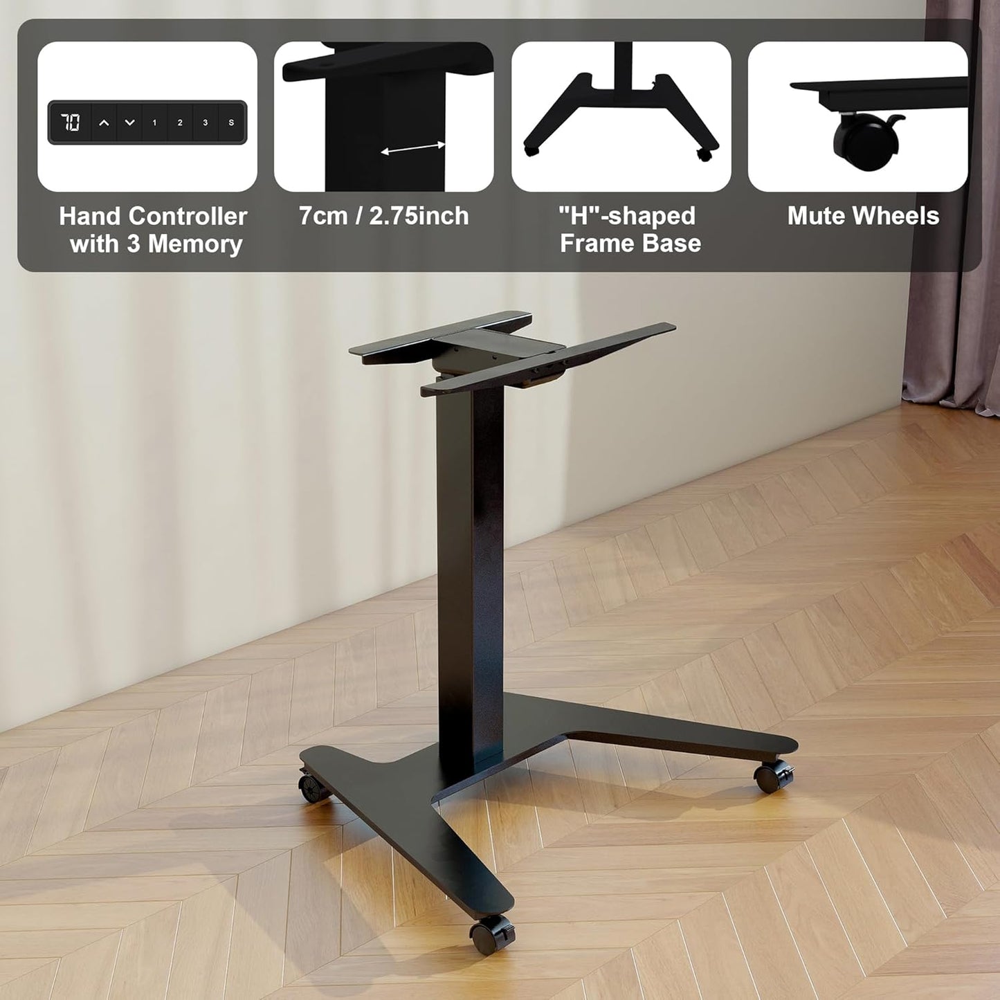 Fromann Electric Single Table Lift Desk Frame Mobile Standing 27.6in to 47.2in Height Adjustable Rolling Laptop Sit Stand Desk Base (Black)
