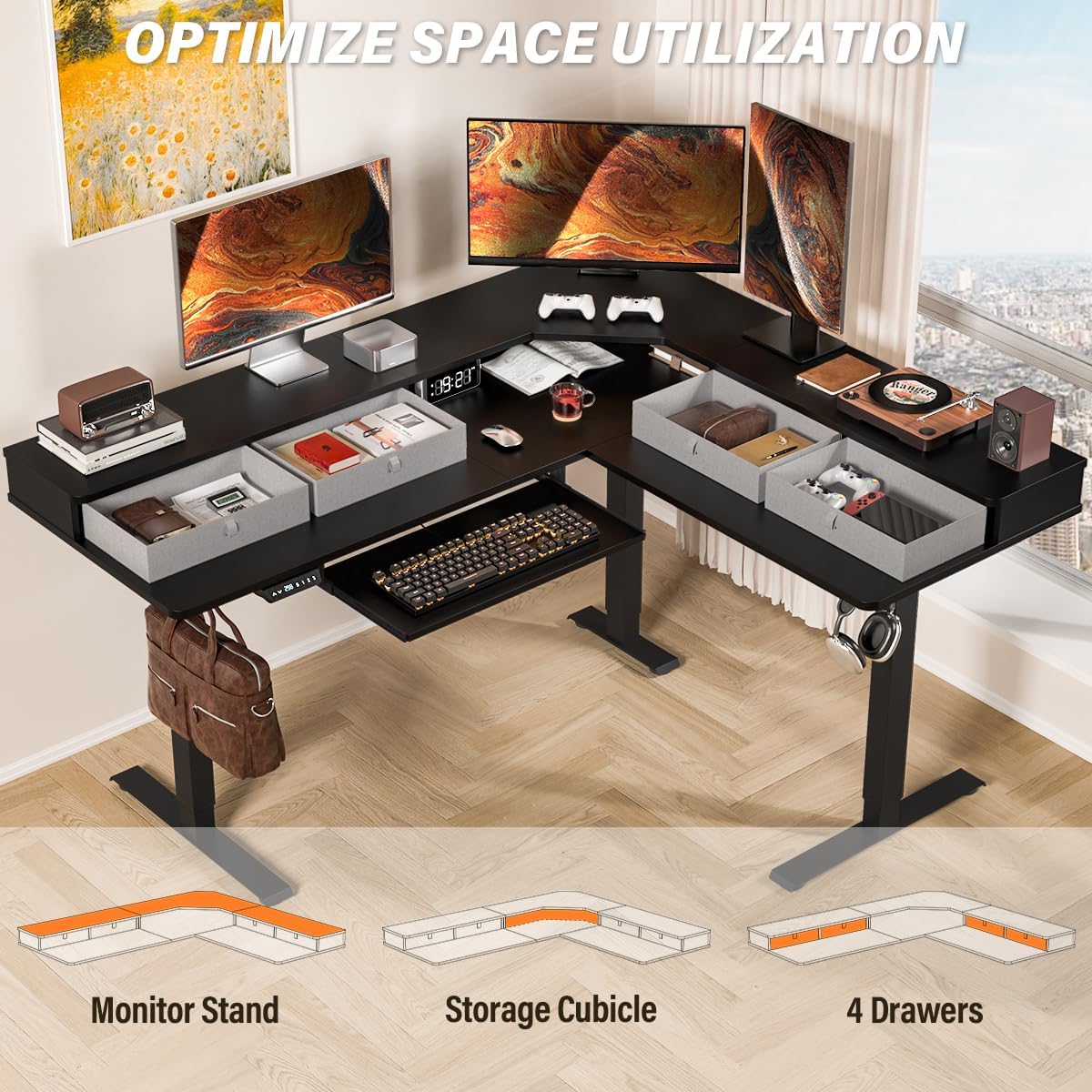 Kingant 63″x55″ L Shaped Electric Standing Desk with A/C Charging Port & Storage, Height Adjustable Corner Computer Gaming Table, Home Office Sit Stand Up Desk & Cable Management, Black