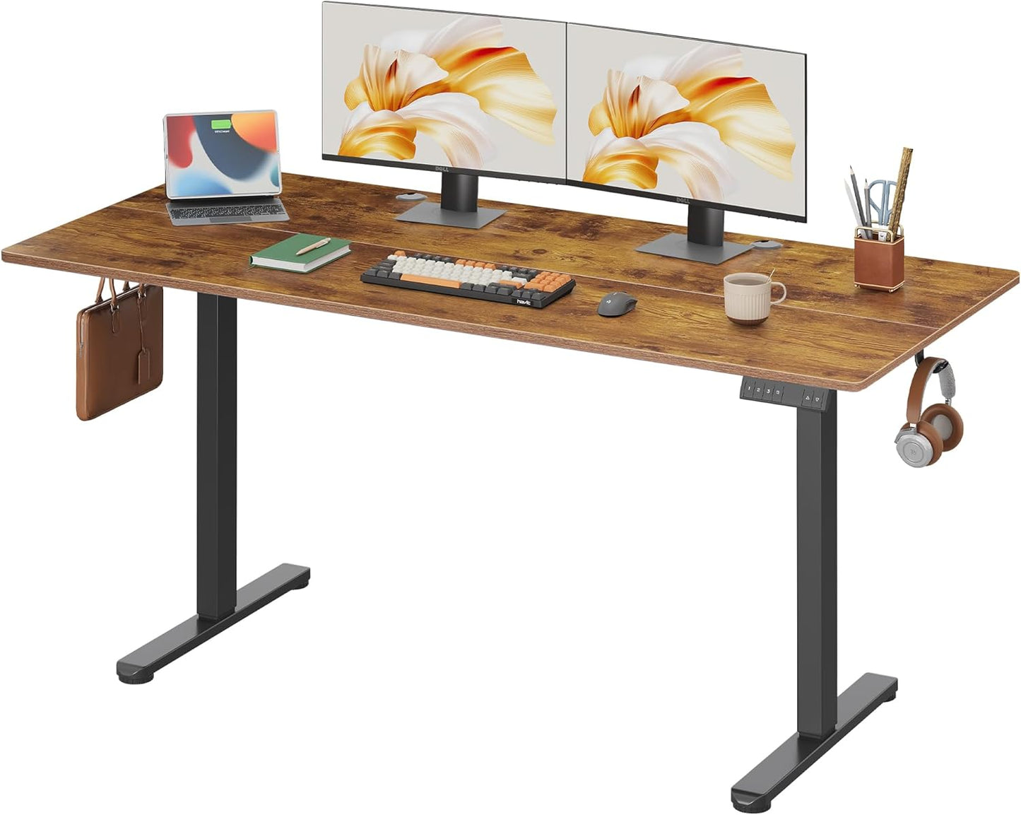DEVAISE Electric Standing Desk, 63 X 28 Inches Adjustable Height Stand up Desk for Home Office, Large Ergonomic Sit to Stand Desk with Headphone Hook, 3 Memory Preset Computer Desk, Maple