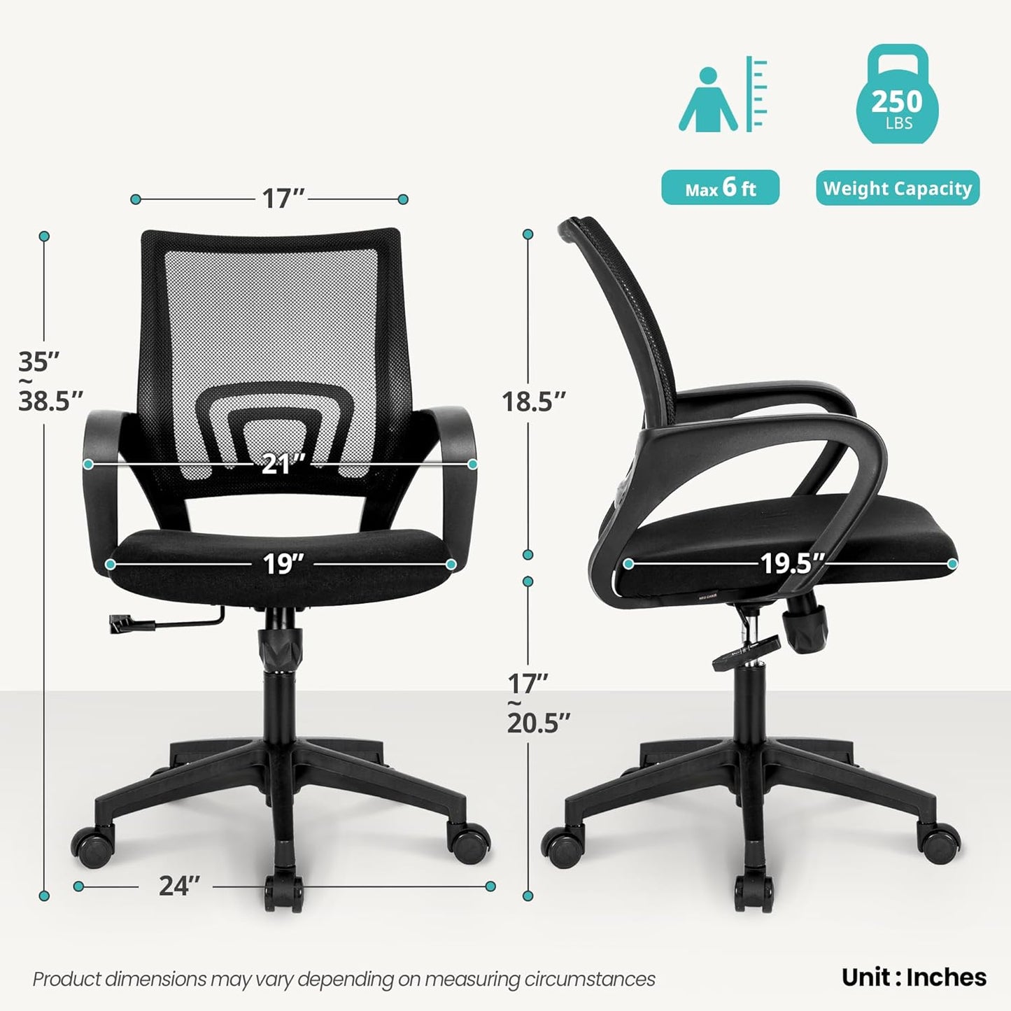 Office Chair with Ergonomic Mid Back Cushion Lumbar Support Adjustable Swivel Rolling Computer Gaming Desk Chair Comfy Mesh Seat Wheels Home Executive Use (1, All Black)