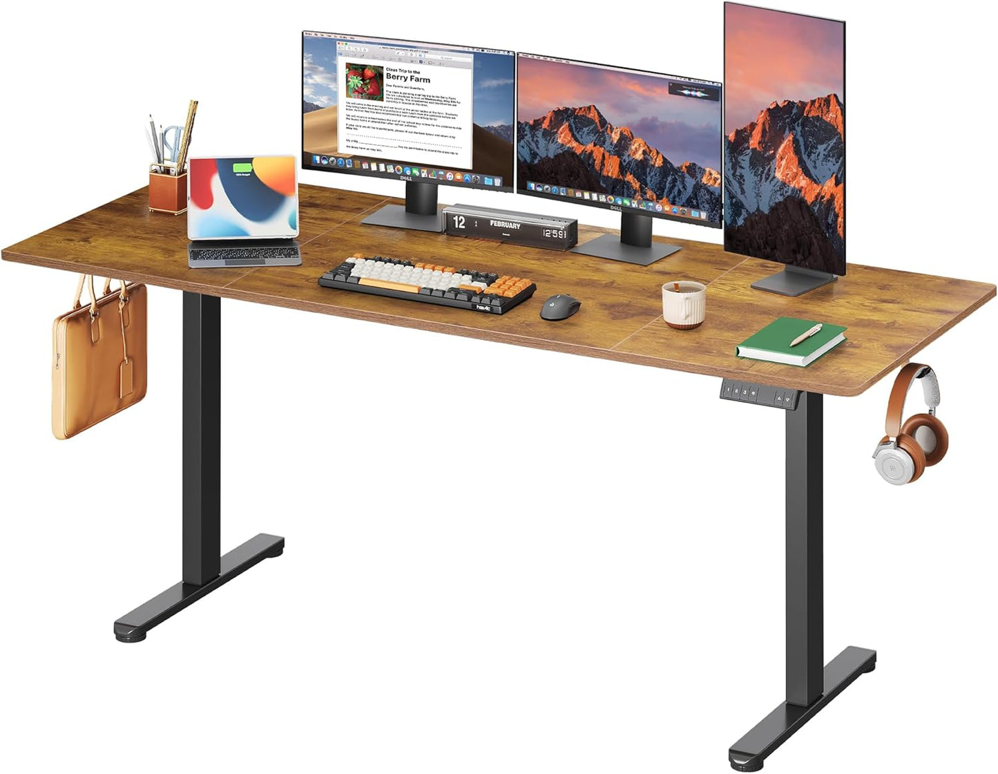 DEVAISE Electric Standing Desk, 63 X 28 Inches Adjustable Height Stand up Desk for Home Office, Large Ergonomic Sit to Stand Desk with Headphone Hook, 3 Memory Preset Computer Desk, Maple