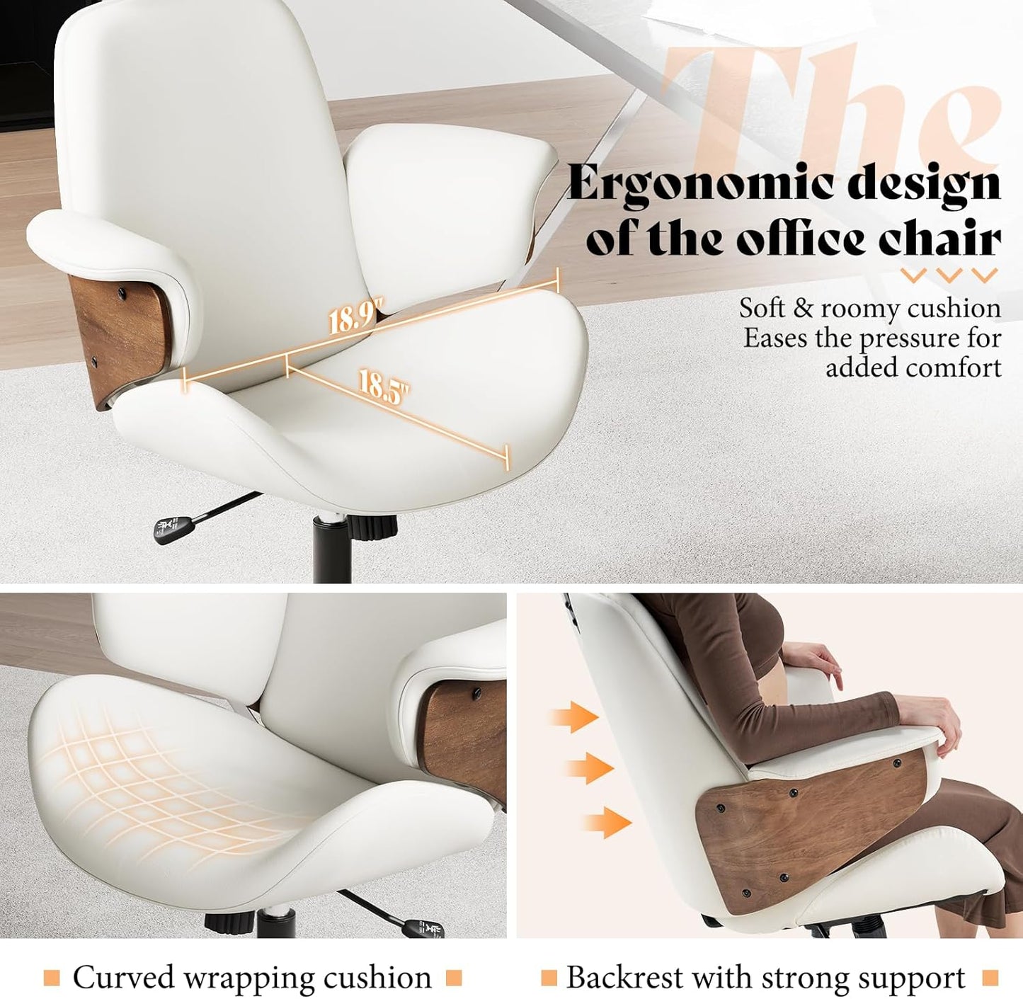 AMERLIFE Home Office Chair with Wheels and Bentwood Arms, PU Leather Swivel Desk Chair with Lumbar Support and Headrest, Height Adjustable Modern Computer Chair for Office, Study, White