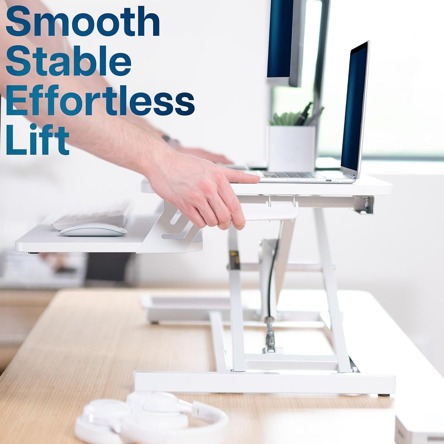 VIVO Desk Converter 32 inch Height Adjustable, MDF Wood Sit to Stand Riser, White, DESK-V000SW