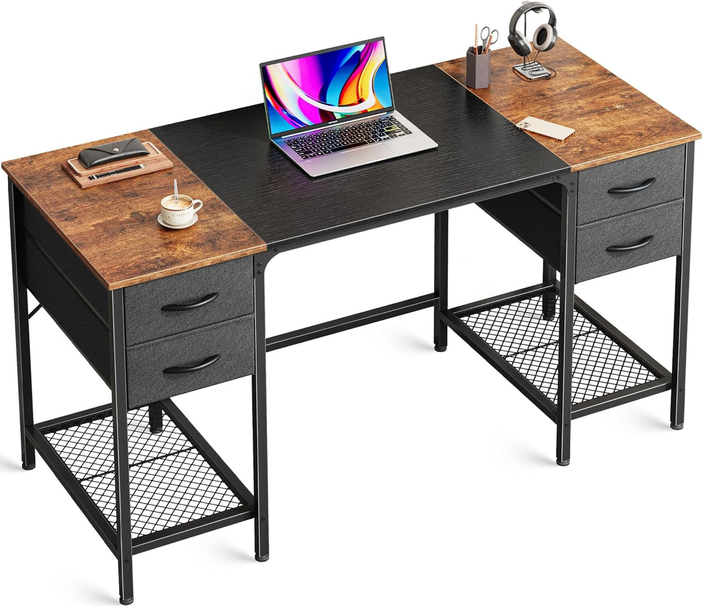 Huuger 55 Inch Computer Desk with 4 Drawers, Office Desk with Mesh Shelf, Gaming Desk, Large Storage, Writing Desk Work Desk for Home Office, Study, Bedroom, Work from Home, Rustic Brown