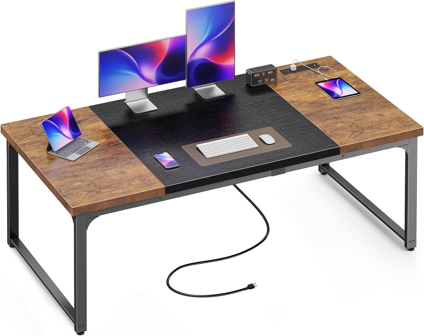 Huuger 63 x 24 inch Desk with Power Outlets & USB-C, Deeper & Thicker Desktop, Robust Metal Tubes, Computer Desk, Heavy Duty Office Desk, Work Gaming Desk, for Home Office, Black