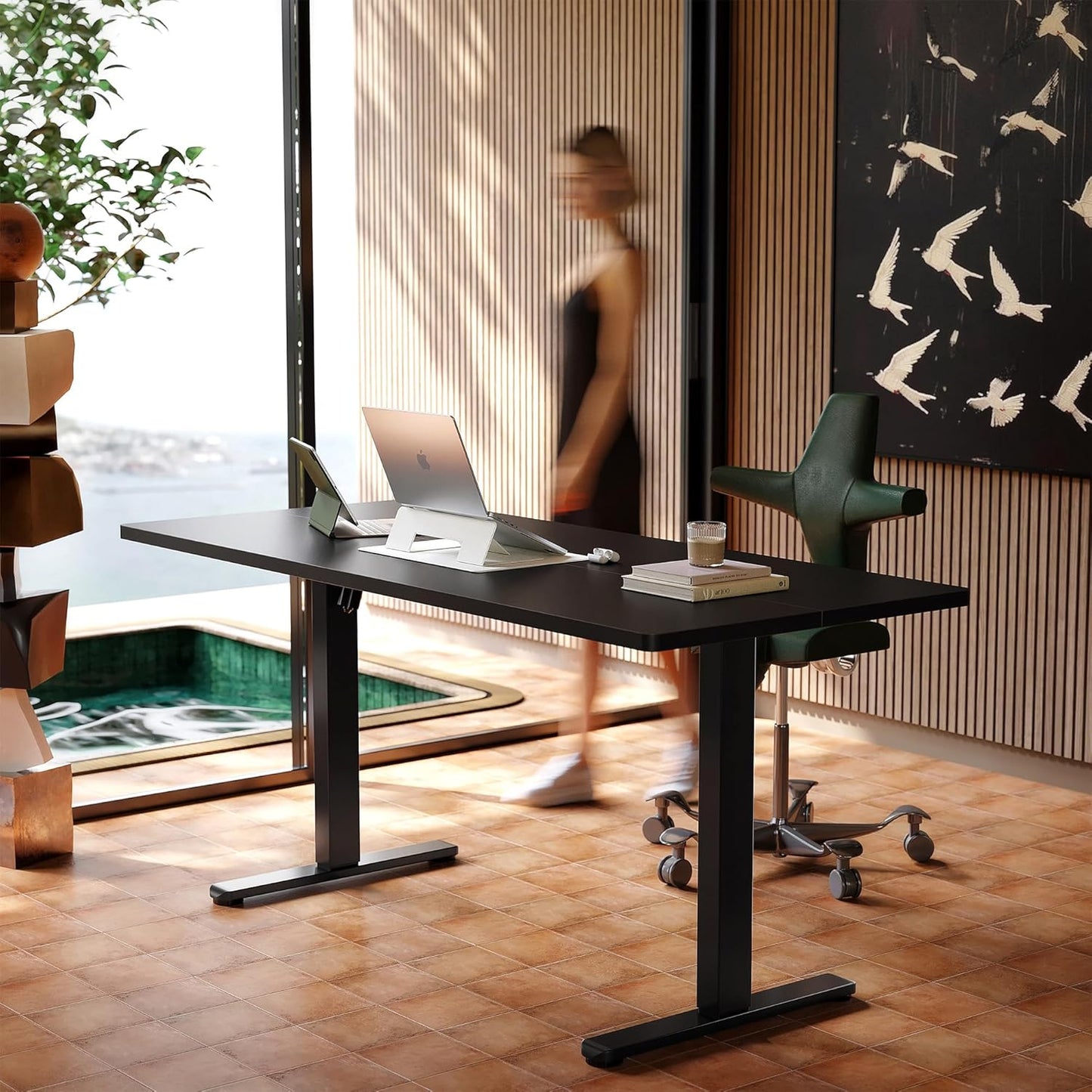 HUANUO 32" Small Electric Standing Desk Adjustable Height, 4 Memory Height Settings, Sit Stand Up Desk for Home Office & Computer Workstation, White and Gold Frame