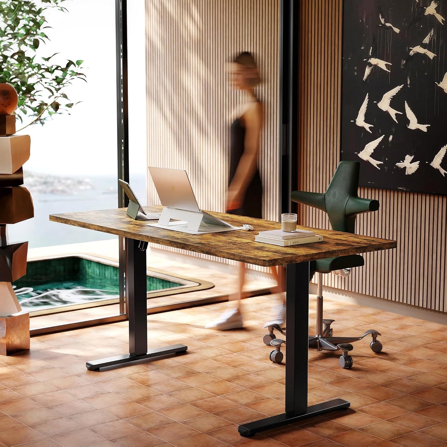 HUANUO 32" Small Electric Standing Desk Adjustable Height, 4 Memory Height Settings, Sit Stand Up Desk for Home Office & Computer Workstation, White and Gold Frame