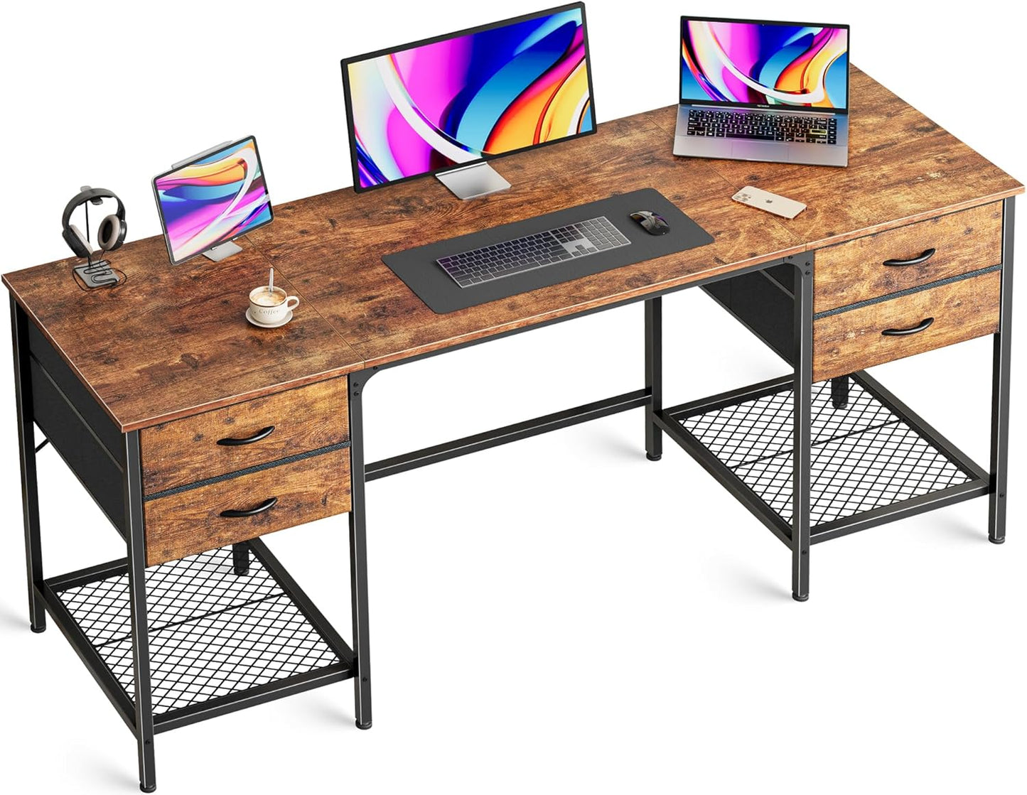 Huuger 55 Inch Computer Desk with 4 Drawers, Office Desk with Mesh Shelf, Gaming Desk, Large Storage, Writing Desk Work Desk for Home Office, Study, Bedroom, Work from Home, Rustic Brown