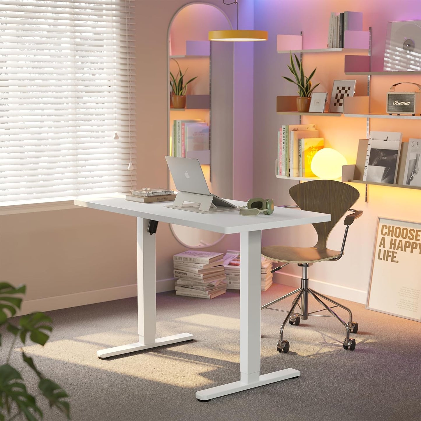 HUANUO 32" Small Electric Standing Desk Adjustable Height, 4 Memory Height Settings, Sit Stand Up Desk for Home Office & Computer Workstation, White and Gold Frame