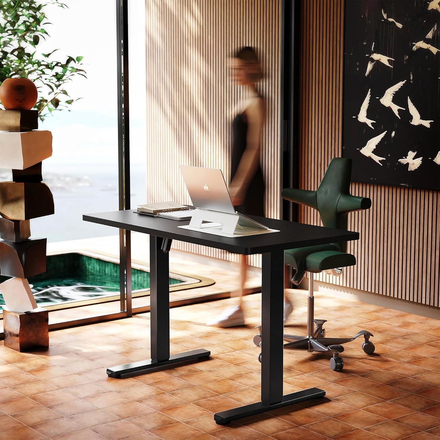 HUANUO 32" Small Electric Standing Desk Adjustable Height, 4 Memory Height Settings, Sit Stand Up Desk for Home Office & Computer Workstation, White and Gold Frame