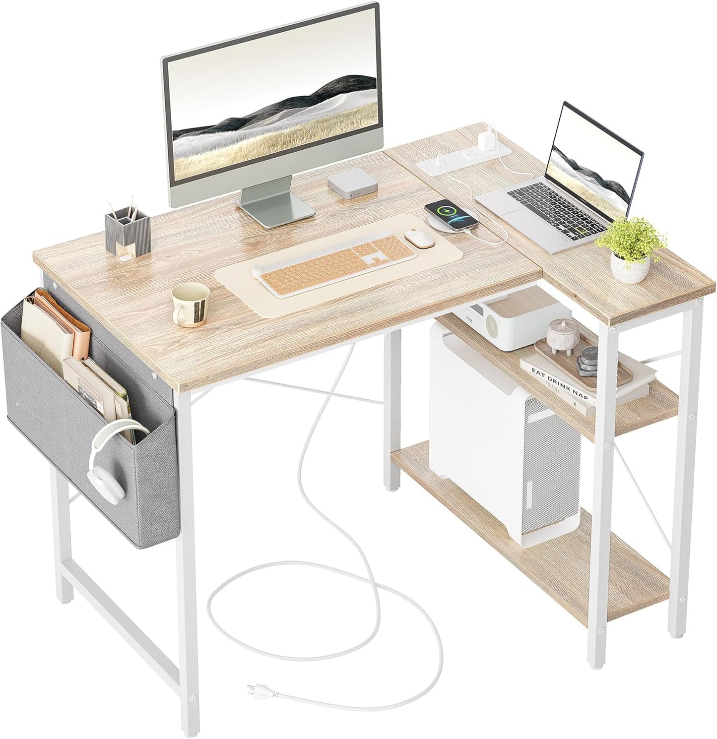 TIQLAB Small Computer Desk with Power Outlets, 40 Inch L Shaped Desk with Reversible Shelves, Gaming Desk Corner Desk Study Writing Table for Home Office Bedroom Living Room, Black