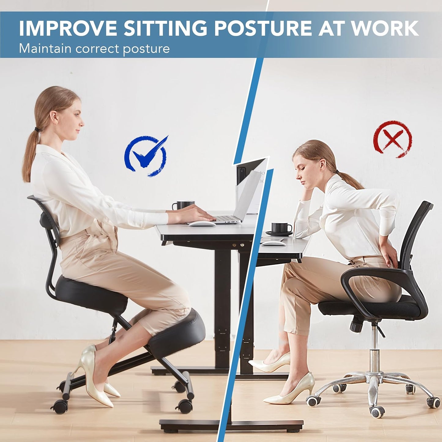 Ergonomic Kneeling Chair with Back Support, Kneeling Desk Chair for Home Office with Brake and Gliding Casters, Adjustable Posture Chair with High Back for Desk to Relieve Back Pain, Black PU