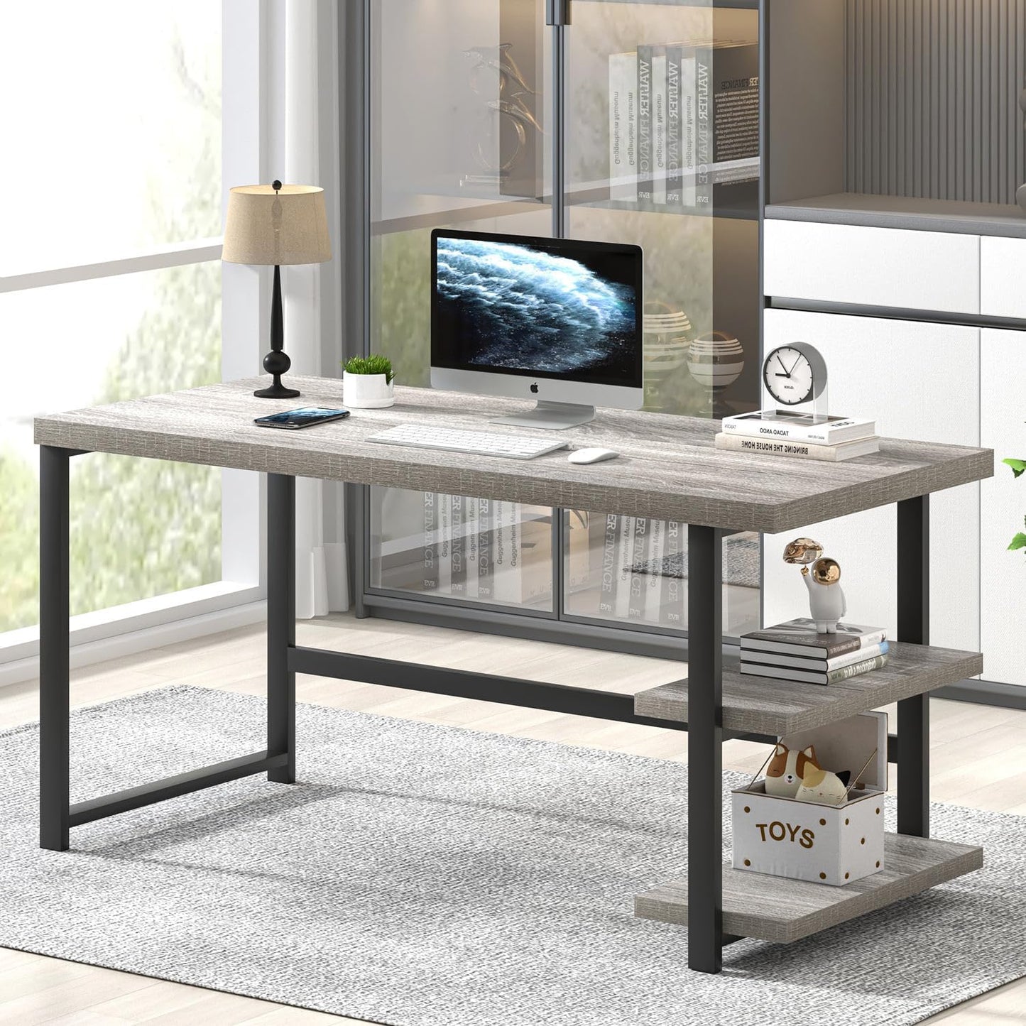 FOLUBAN Modern Computer Desk, Wood Home Office Desk, Study Writing Gaming Table Workstation with Storage Shelves for Living Room Bedroom, Rustic Walnut, 53 Inch