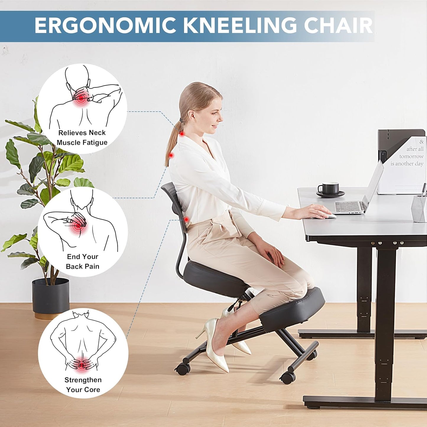 Ergonomic Kneeling Chair with Back Support, Kneeling Desk Chair for Home Office with Brake and Gliding Casters, Adjustable Posture Chair with High Back for Desk to Relieve Back Pain, Black PU