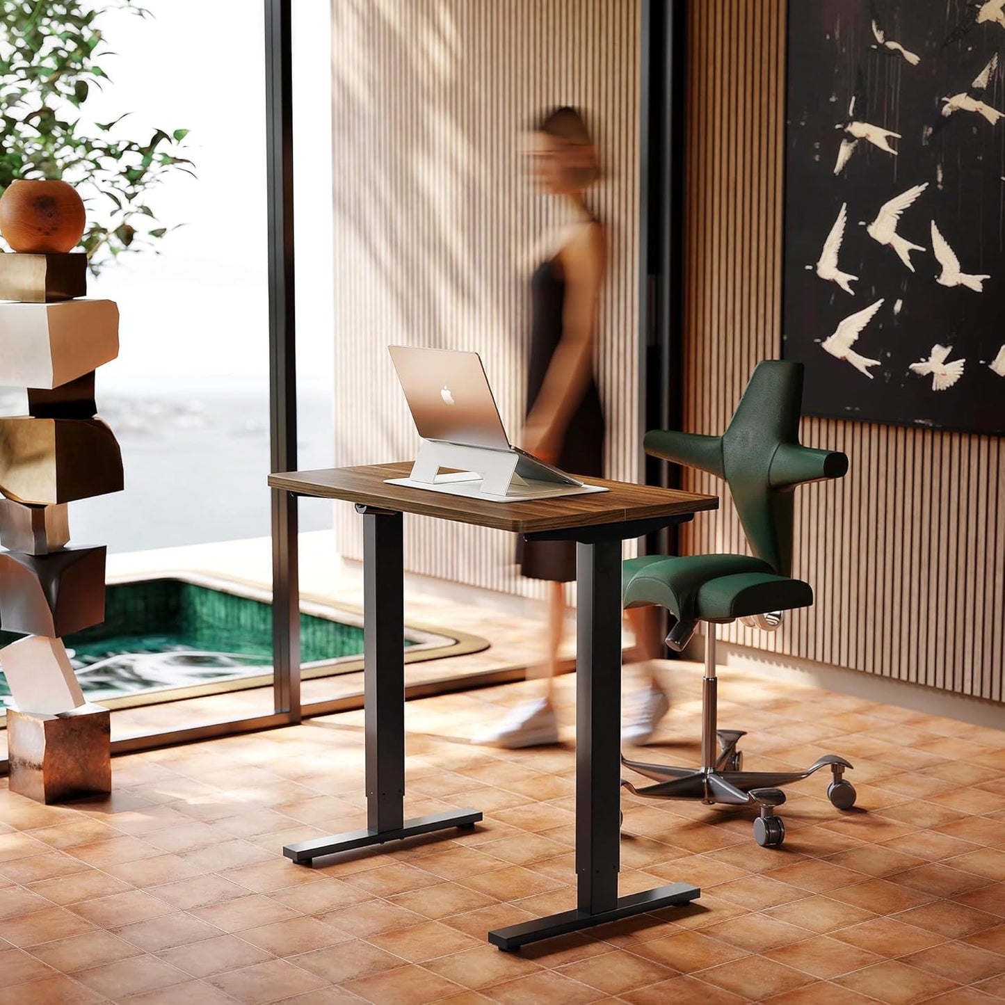 HUANUO 32" Small Electric Standing Desk Adjustable Height, 4 Memory Height Settings, Sit Stand Up Desk for Home Office & Computer Workstation, White and Gold Frame