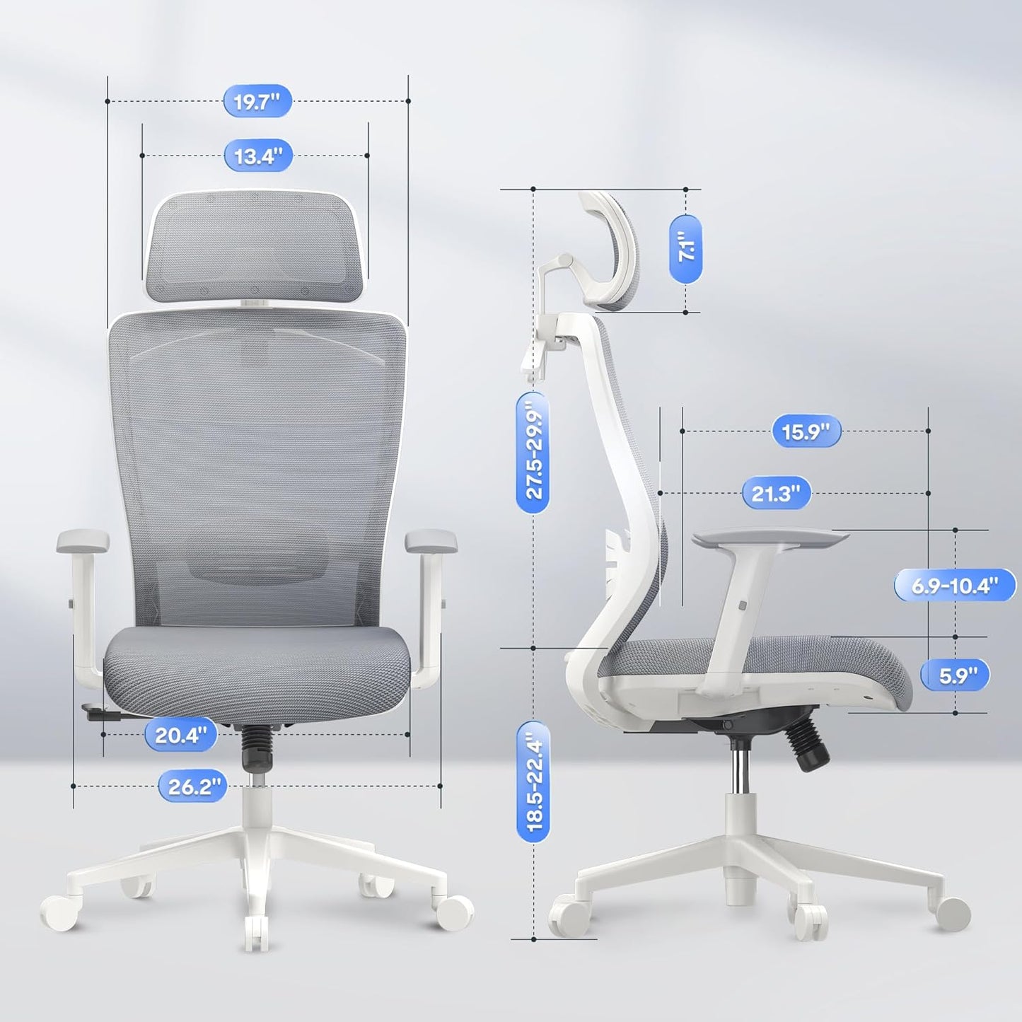 FLEXISPOT Classic Ergonomic Office Chair with High Back Swivel Computer Chair Executive Office Desk Chairs, with Lumbar Support/2D Headrest/Lockable Tilt Function, Foam Seat Cushion, White+Gray