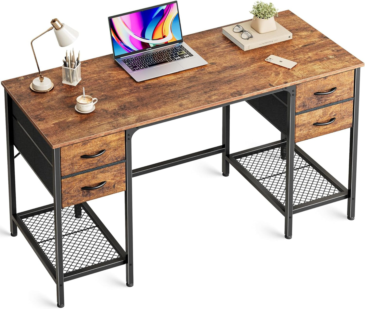 Huuger 55 Inch Computer Desk with 4 Drawers, Office Desk with Mesh Shelf, Gaming Desk, Large Storage, Writing Desk Work Desk for Home Office, Study, Bedroom, Work from Home, Rustic Brown