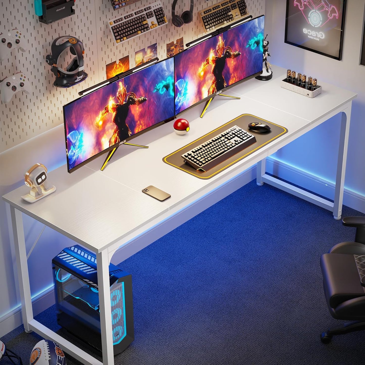 Huuger Computer Desk, 70 Inch Office Desk, Gaming Desk with Storage, Writing Desk Work Desk for Home Office, Study, Long Simple Desk, Large Legroom, Metal Frame, White