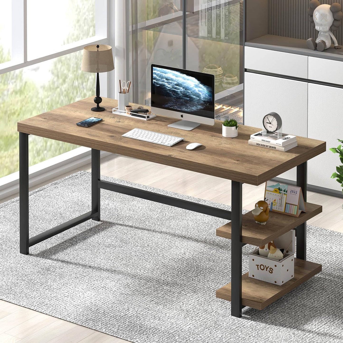 FOLUBAN Modern Computer Desk, Wood Home Office Desk, Study Writing Gaming Table Workstation with Storage Shelves for Living Room Bedroom, Rustic Walnut, 53 Inch