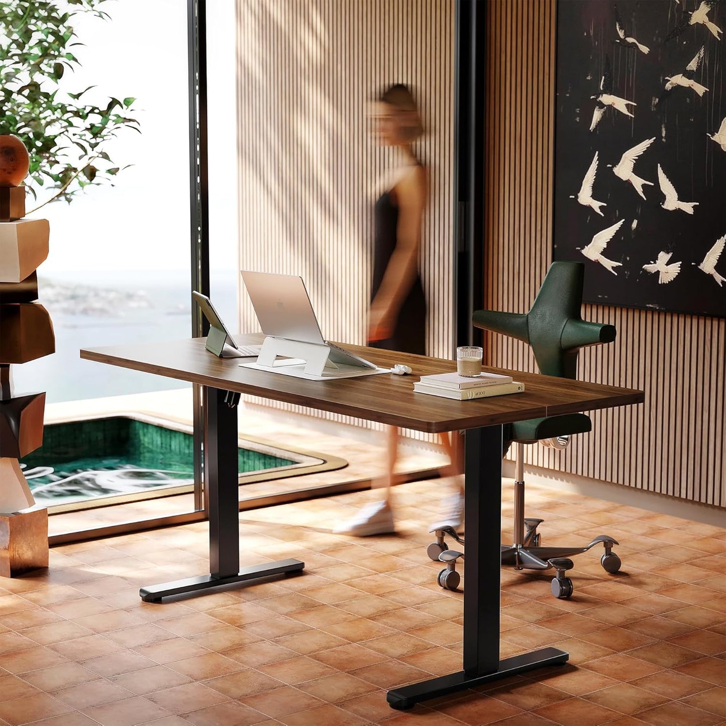 HUANUO 32" Small Electric Standing Desk Adjustable Height, 4 Memory Height Settings, Sit Stand Up Desk for Home Office & Computer Workstation, White and Gold Frame