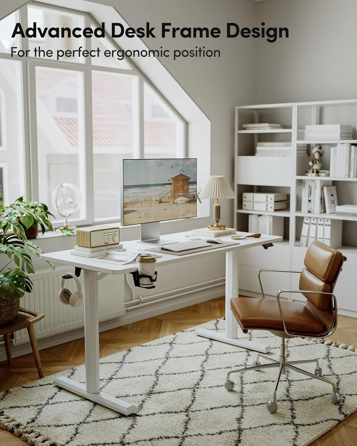 FEZIBO Height Adjustable Electric Standing Desk, 55 x 24 Inches Stand up Table, Sit Stand Home Office Desk with Splice Board, White