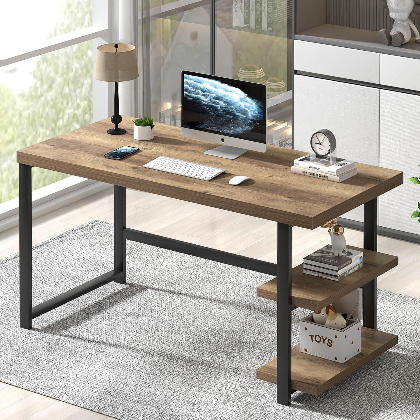 FOLUBAN Modern Computer Desk, Wood Home Office Desk, Study Writing Gaming Table Workstation with Storage Shelves for Living Room Bedroom, Rustic Walnut, 53 Inch