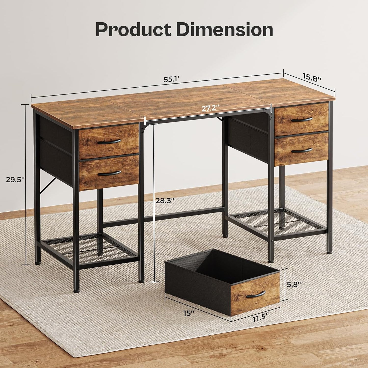 Huuger 55 Inch Computer Desk with 4 Drawers, Office Desk with Mesh Shelf, Gaming Desk, Large Storage, Writing Desk Work Desk for Home Office, Study, Bedroom, Work from Home, Rustic Brown
