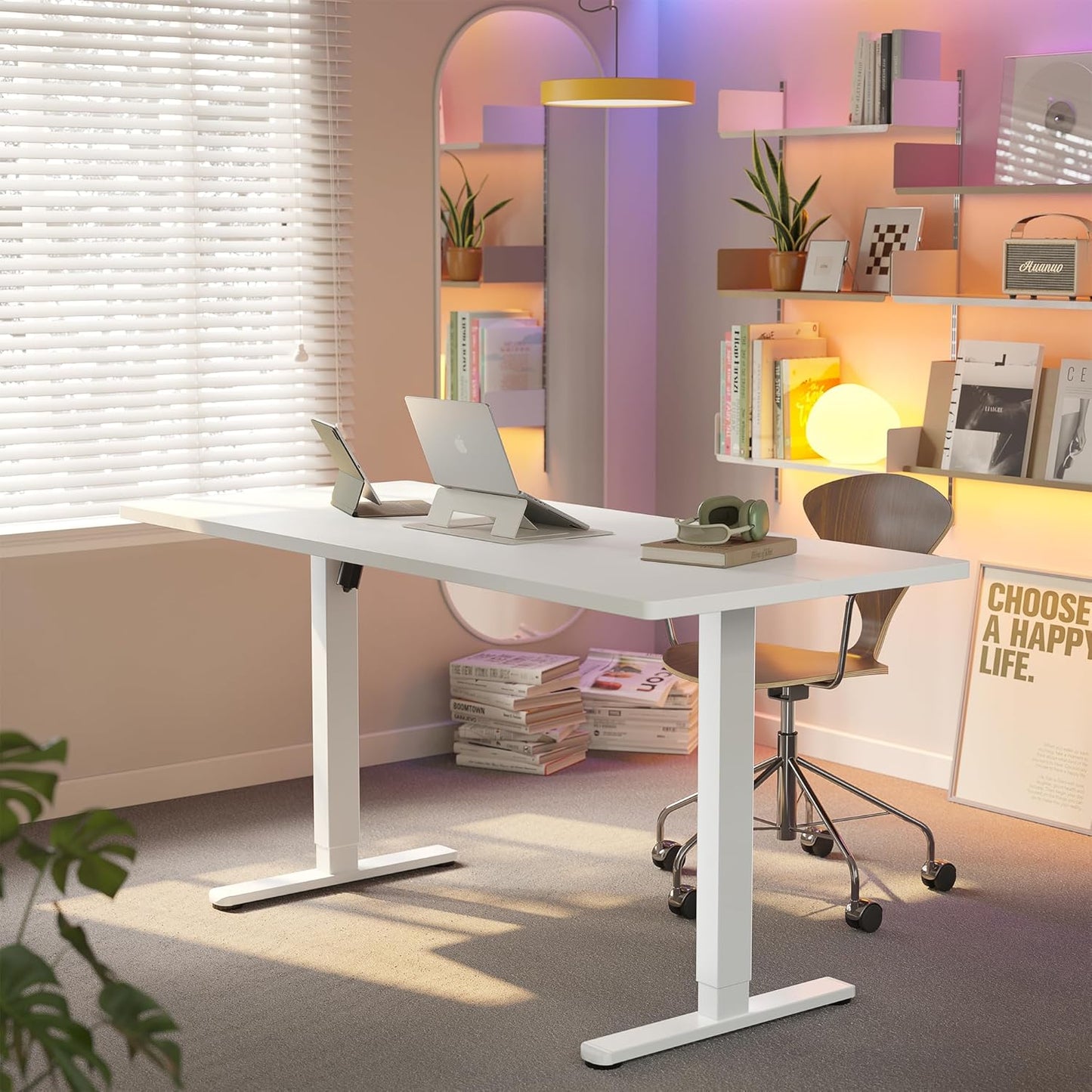 HUANUO 32" Small Electric Standing Desk Adjustable Height, 4 Memory Height Settings, Sit Stand Up Desk for Home Office & Computer Workstation, White and Gold Frame