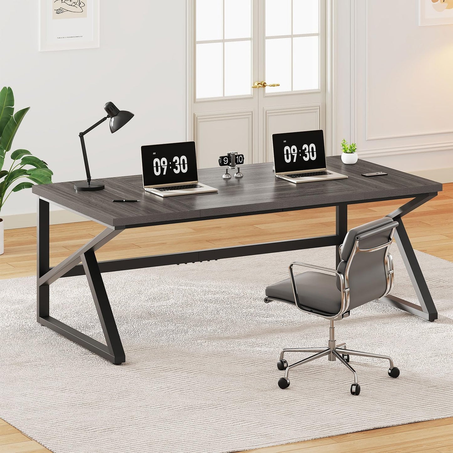 IBF Large Computer Desk, Rustic 70 Inch Long Home Office Metal Wood Desk, Industrial Big 2 Person Table for Executive Writing Study Gaming Workstation, Farmhouse Bedroom PC Laptop Double Desk