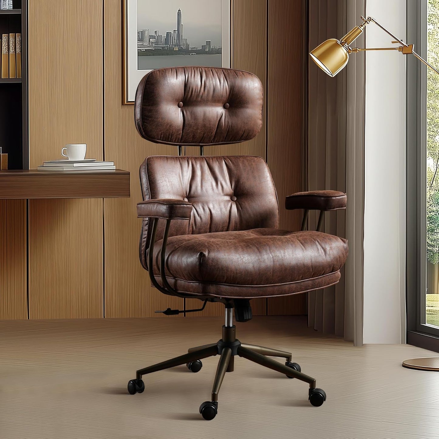 Mid Century Modren Big and Tall Office Chair,Large Ergonomic Executive Chair for Heavy Duty People, Computer Desk Task Chair with Wheels, Faux Lether Fabric Wide Chair for Home Sturdy,Brown(Suede)
