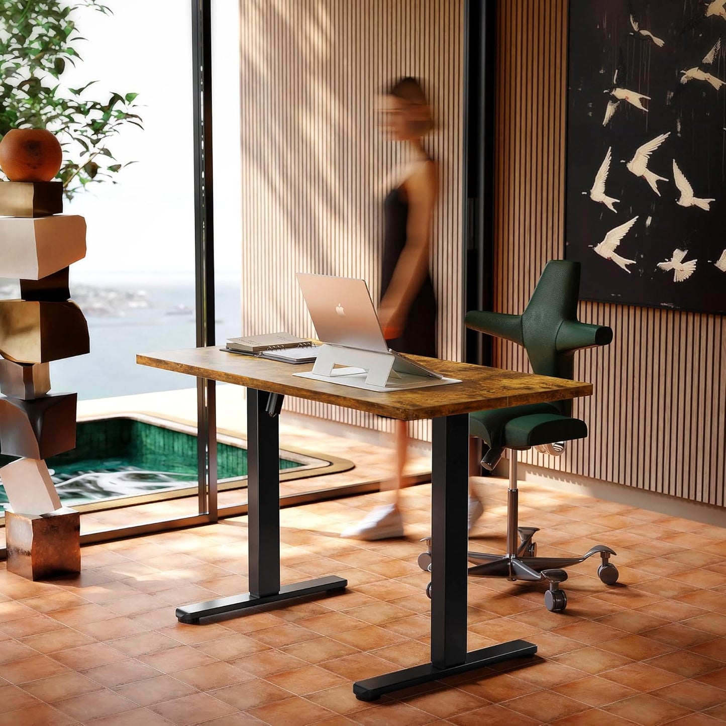 HUANUO 32" Small Electric Standing Desk Adjustable Height, 4 Memory Height Settings, Sit Stand Up Desk for Home Office & Computer Workstation, White and Gold Frame