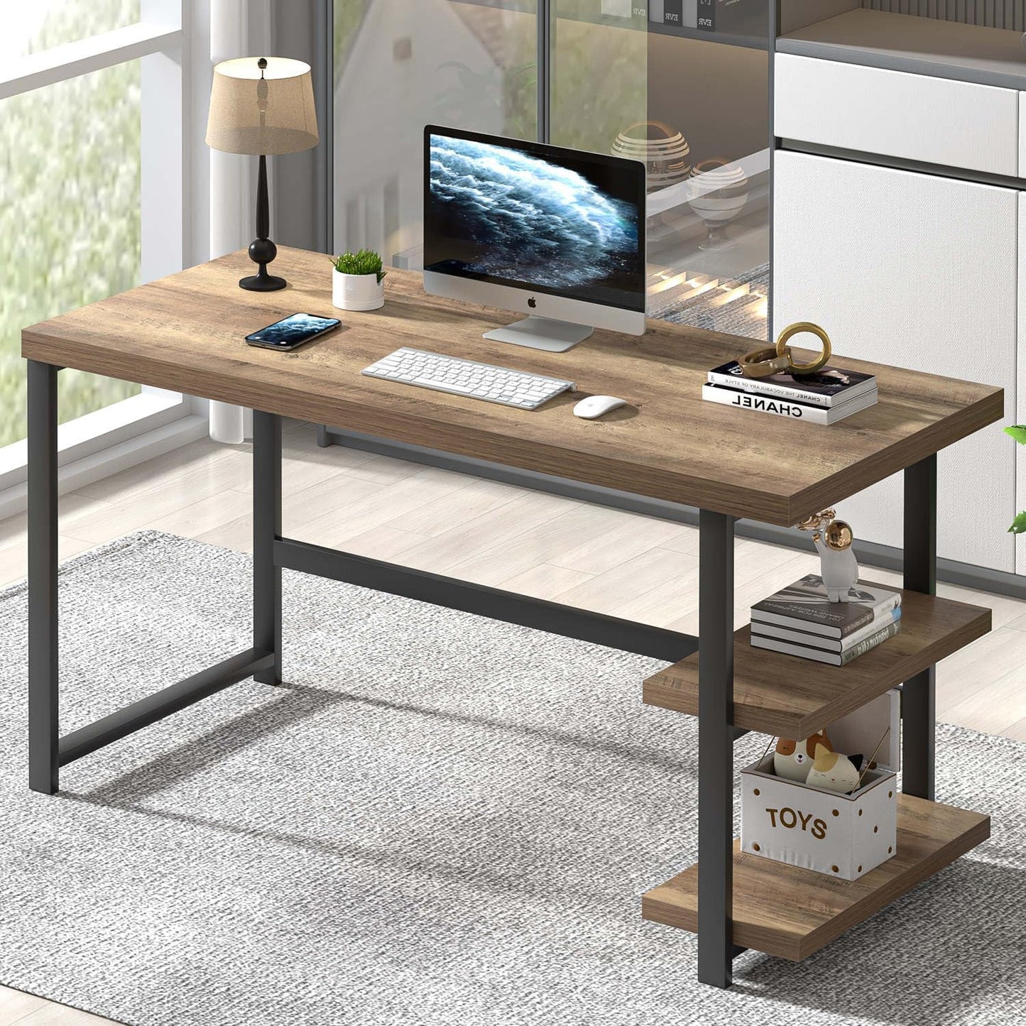 FOLUBAN Modern Computer Desk, Wood Home Office Desk, Study Writing Gaming Table Workstation with Storage Shelves for Living Room Bedroom, Rustic Walnut, 53 Inch