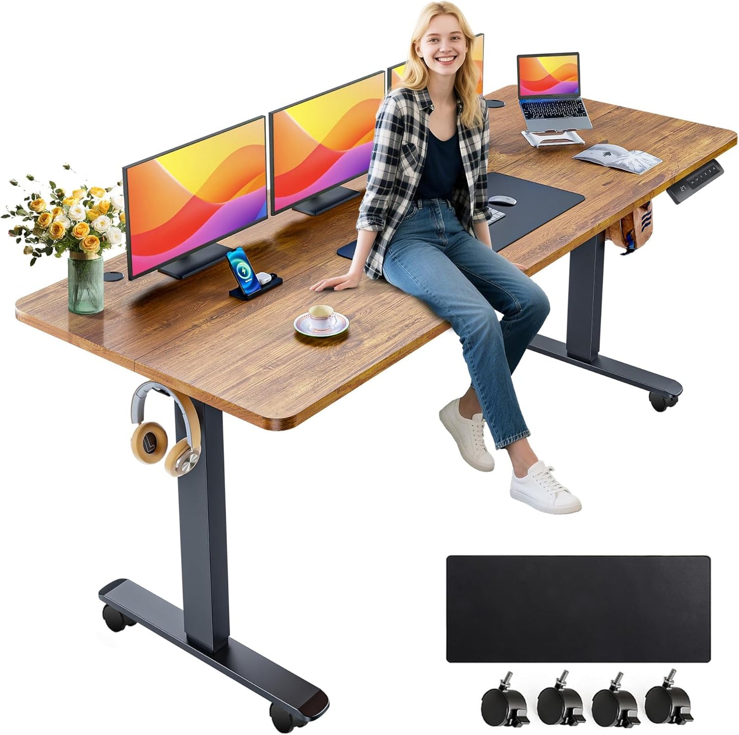 farexon Electric Standing Desk Adjustable Height, 63x24 Inches Computer Desk with Rolling Wheels, Mouse Pad,Spliced Table Tops,Multifunctional Stand up Desk for Home/Office(Oak Gray)