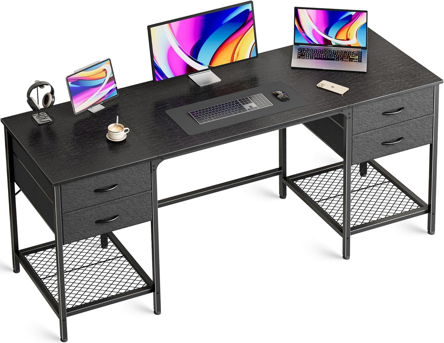 Huuger 55 Inch Computer Desk with 4 Drawers, Office Desk with Mesh Shelf, Gaming Desk, Large Storage, Writing Desk Work Desk for Home Office, Study, Bedroom, Work from Home, Rustic Brown